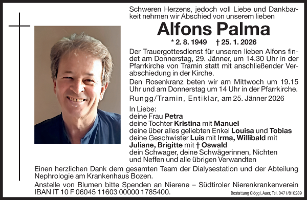 Traueranzeige von Alfons Palma von Dolomiten