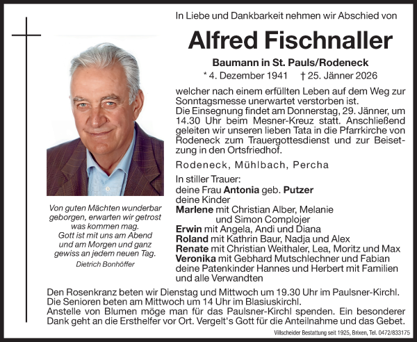 Traueranzeige von Alfred Fischnaller von Dolomiten