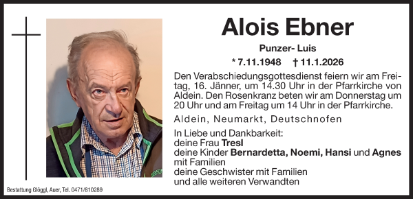 Traueranzeige von Alois Ebner von Dolomiten