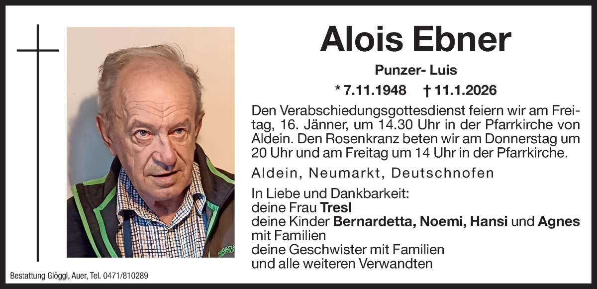  Traueranzeige für Alois Ebner vom 13.01.2026 aus Dolomiten