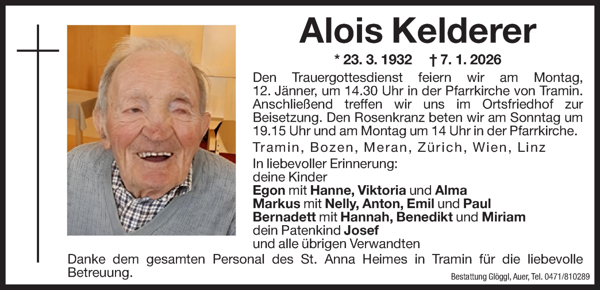  Traueranzeige für Alois Kelderer vom 09.01.2026 aus Dolomiten