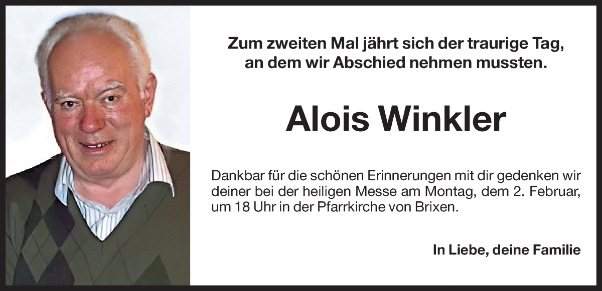  Traueranzeige für Alois Winkler vom 31.01.2026 aus Dolomiten