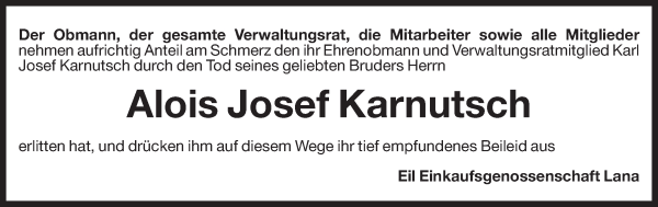 Traueranzeige von Alois Josef Karnutsch von Dolomiten