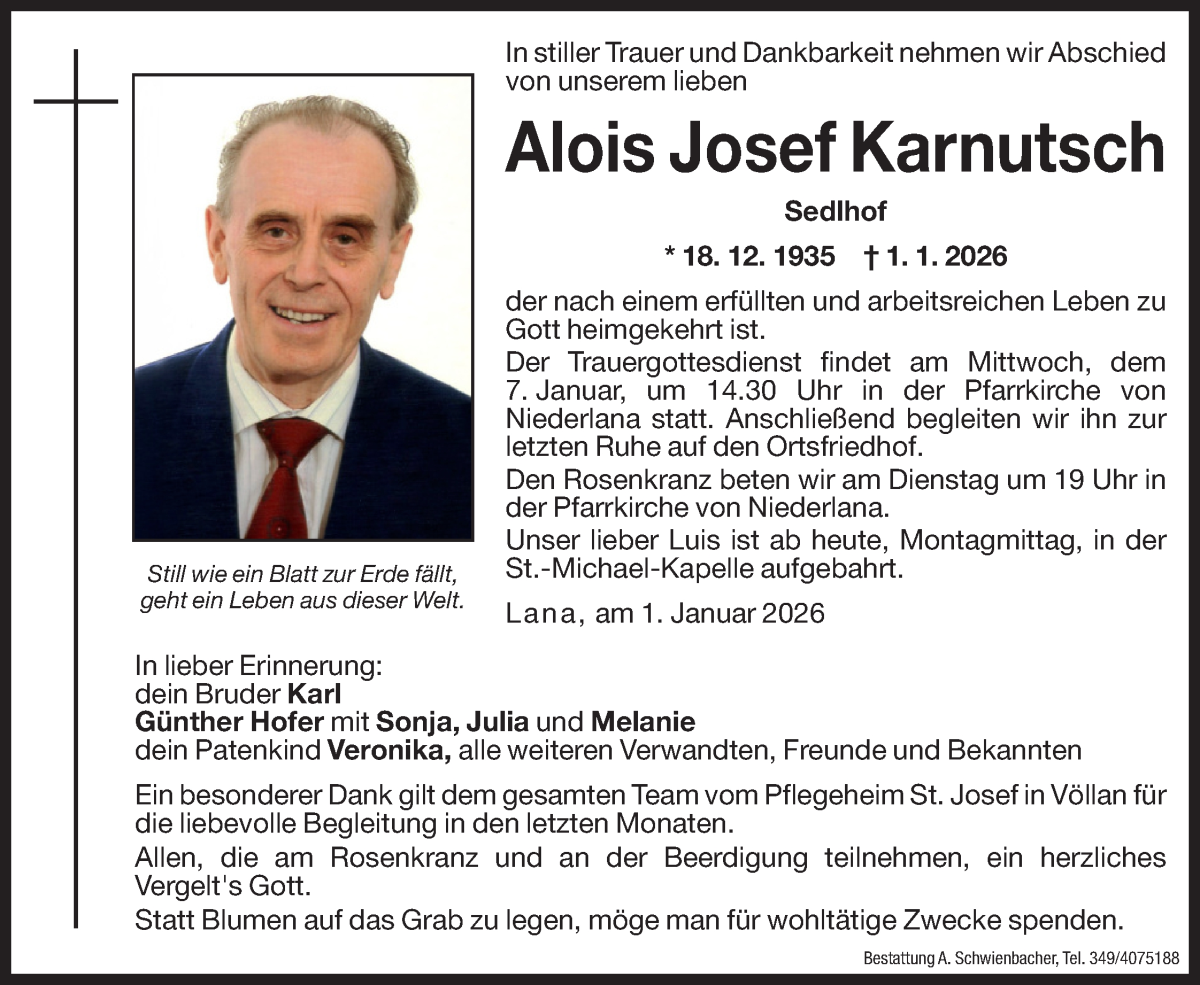  Traueranzeige für Alois Josef Karnutsch vom 05.01.2026 aus Dolomiten