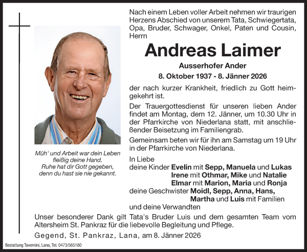 Traueranzeige von Andreas Laimer von Dolomiten