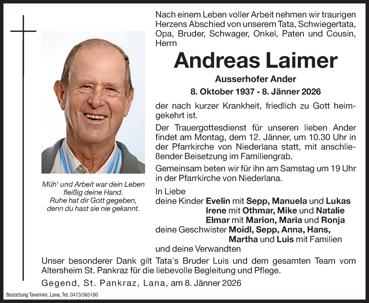  Traueranzeige für Andreas Laimer vom 09.01.2026 aus Dolomiten
