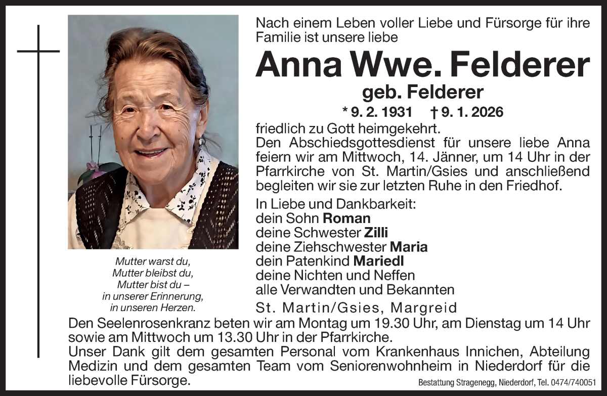  Traueranzeige für Anna Felderer vom 12.01.2026 aus Dolomiten