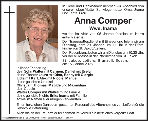 Traueranzeige von Anna Inama von Dolomiten