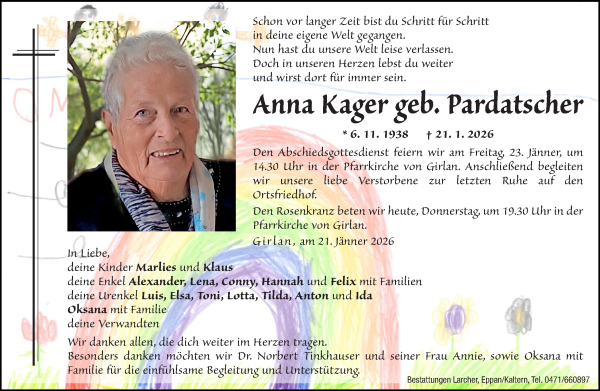 Traueranzeige von Anna Kager von Dolomiten