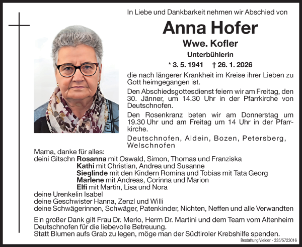 Traueranzeige von Anna Kofler von Dolomiten