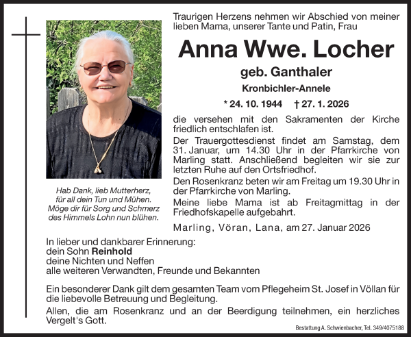 Traueranzeige von Anna Locher von Dolomiten