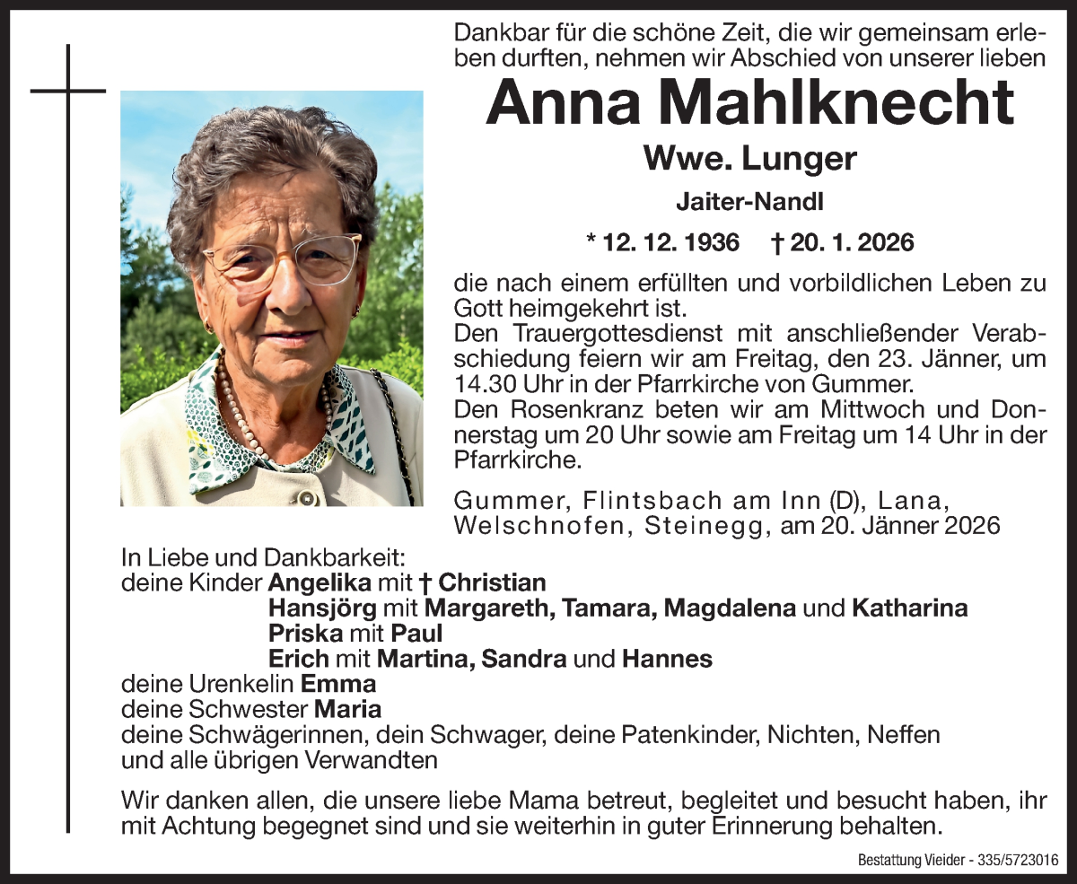 Traueranzeige für Anna Lunger vom 21.01.2026 aus Dolomiten