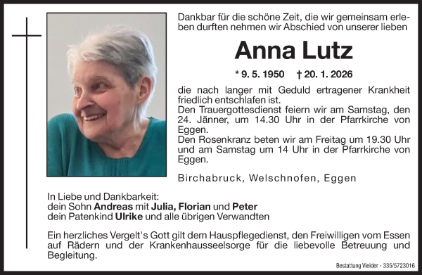 Traueranzeige von Anna Lutz von Dolomiten