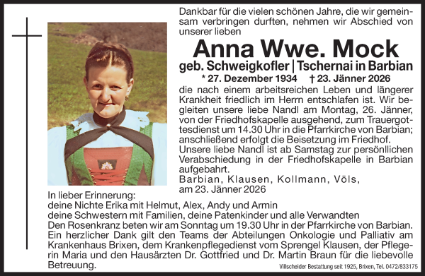 Traueranzeige von Anna Mock von Dolomiten