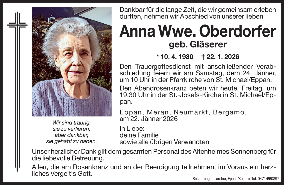  Traueranzeige für Anna Oberdorfer vom 23.01.2026 aus Dolomiten