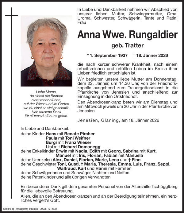 Traueranzeige von Anna Rungaldier von Dolomiten