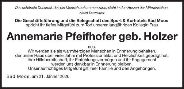 Traueranzeige von Annemarie Pfeifhofer von Dolomiten