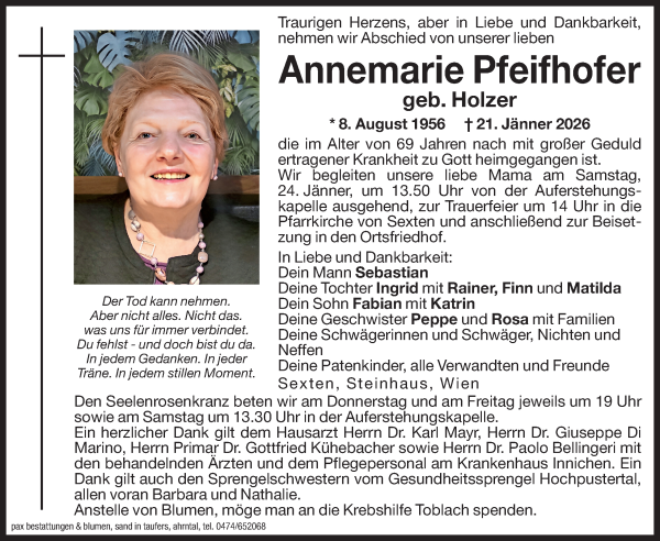 Traueranzeige von Annemarie Pfeifhofer von Dolomiten