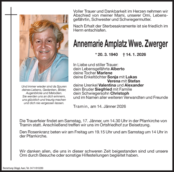 Traueranzeige von Annemarie Zwerger von Dolomiten