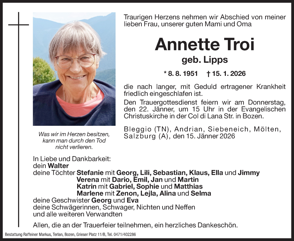  Traueranzeige für Annette Troi vom 19.01.2026 aus Dolomiten