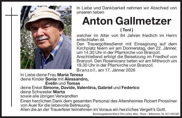 Traueranzeige von Anton Gallmetzer von Dolomiten