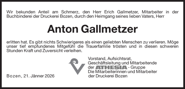 Traueranzeige von Anton Gallmetzer von Dolomiten