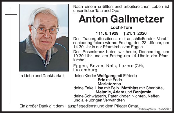 Traueranzeige von Anton Gallmetzer von Dolomiten