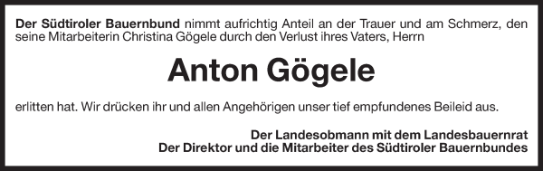 Traueranzeige von Anton Gögele von Dolomiten