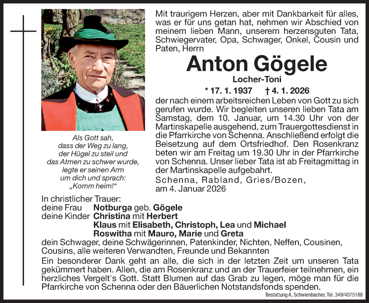  Traueranzeige für Anton Gögele vom 08.01.2026 aus Dolomiten
