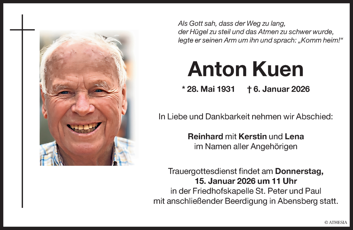  Traueranzeige für Anton Kuen vom 10.01.2026 aus Dolomiten