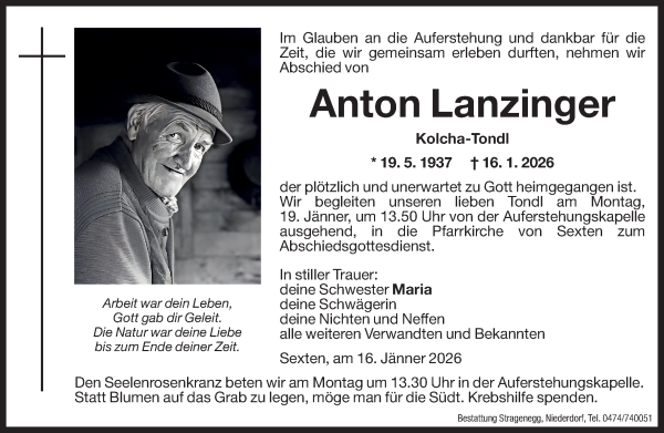 Traueranzeige von Anton Lanzinger von Dolomiten