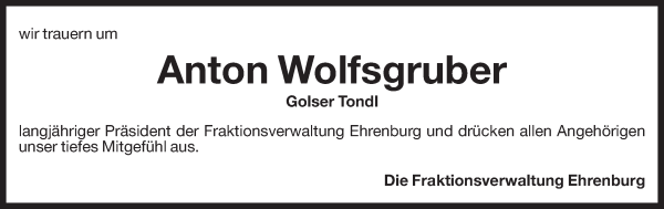 Traueranzeige von Anton Wolfsgruber von Dolomiten