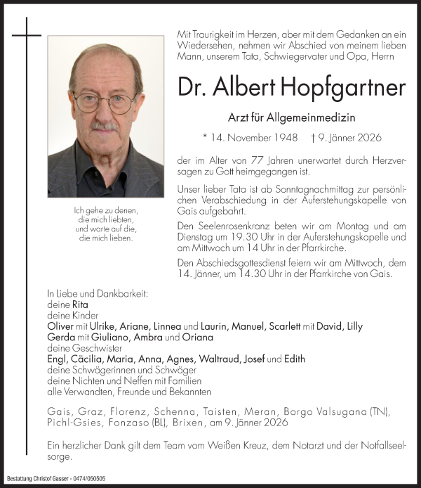 Traueranzeige von Dr. Albert Hopfgartner von Dolomiten