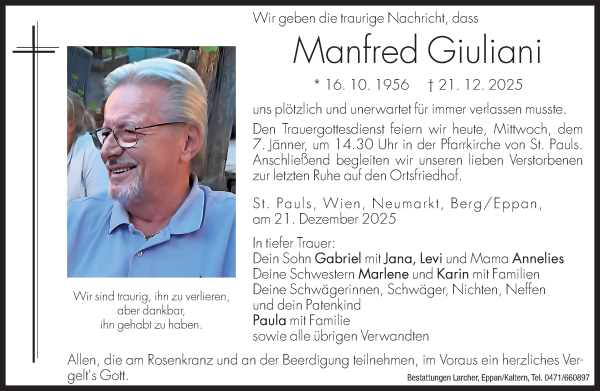 Traueranzeige von Manfred Giuliani von Dolomiten