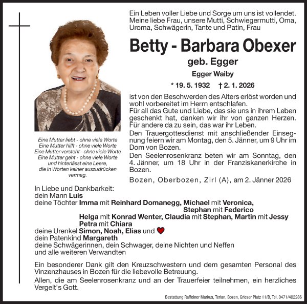 Traueranzeige von Barbara Obexer von Dolomiten