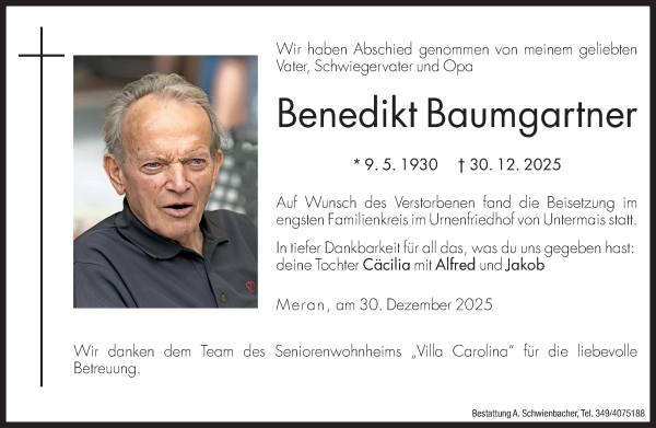 Traueranzeige von Benedikt Baumgartner von Dolomiten