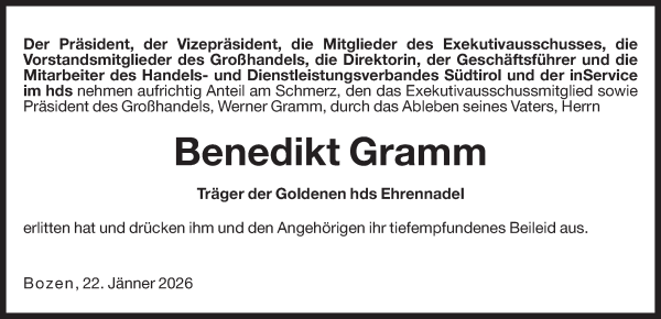 Traueranzeige von Benedikt Gramm von Dolomiten