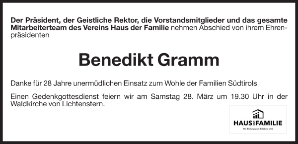 Traueranzeige von Benedikt Gramm von Dolomiten