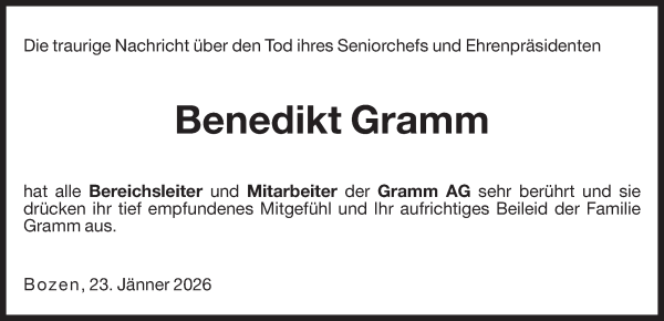 Traueranzeige von Benedikt Gramm von Dolomiten