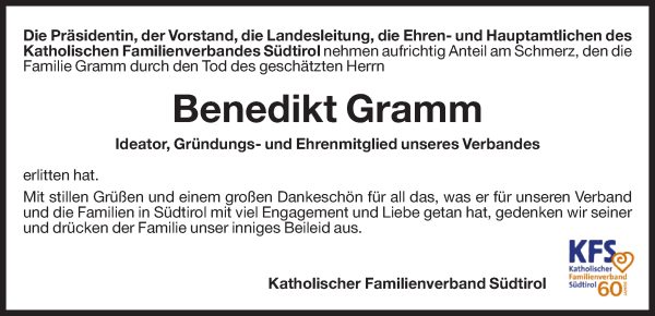 Traueranzeige von Benedikt Gramm von Dolomiten