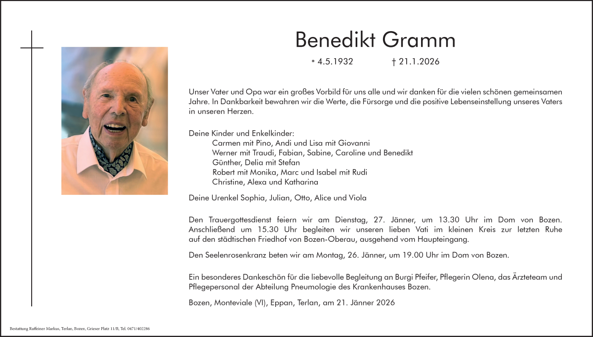  Traueranzeige für Benedikt Gramm vom 23.01.2026 aus Dolomiten