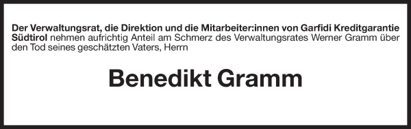 Traueranzeige von Benedikt Gramm von Dolomiten