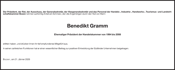 Traueranzeige von Benedikt Gramm von Dolomiten