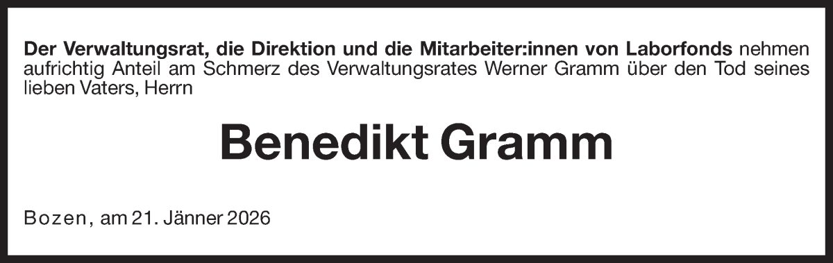  Traueranzeige für Benedikt Gramm vom 22.01.2026 aus Dolomiten