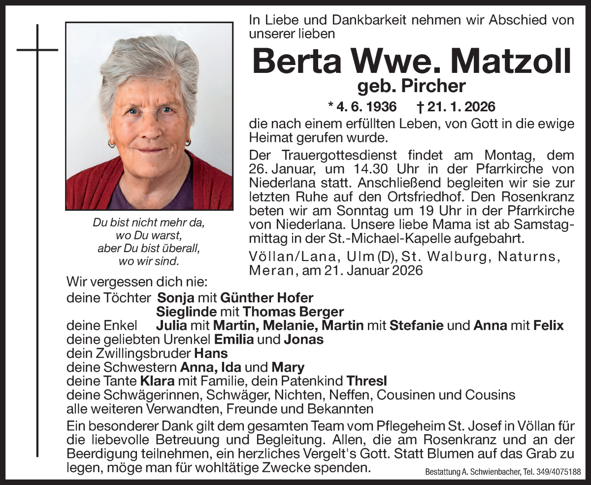  Traueranzeige für Berta Matzoll vom 23.01.2026 aus Dolomiten