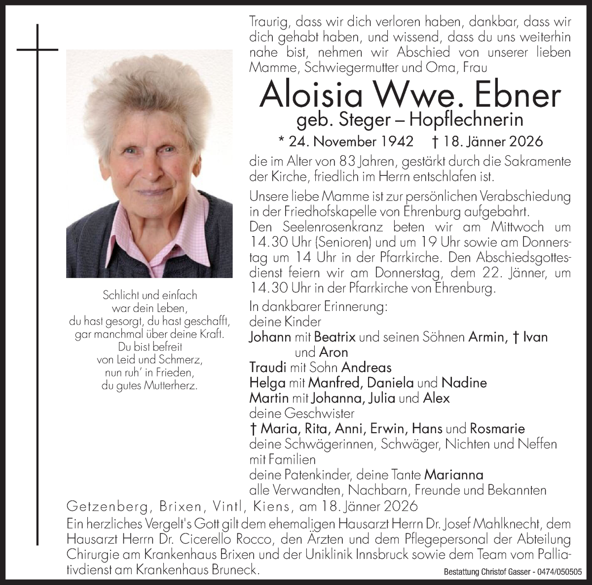 Traueranzeige für Aloisia Ebner vom 21.01.2026 aus Dolomiten