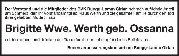 Traueranzeige von Brigitte Werth von Dolomiten