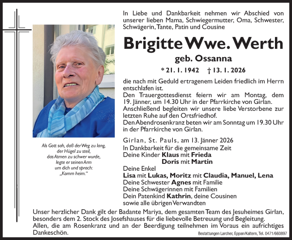 Traueranzeige von Brigitte Werth von Dolomiten