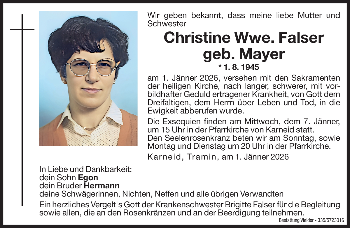  Traueranzeige für Christine Falser vom 03.01.2026 aus Dolomiten