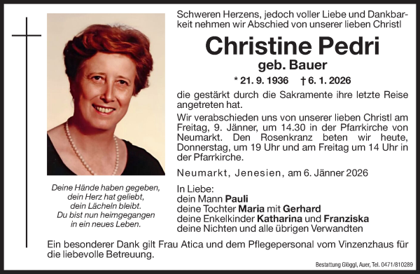 Traueranzeige von Christine Pedri von Dolomiten